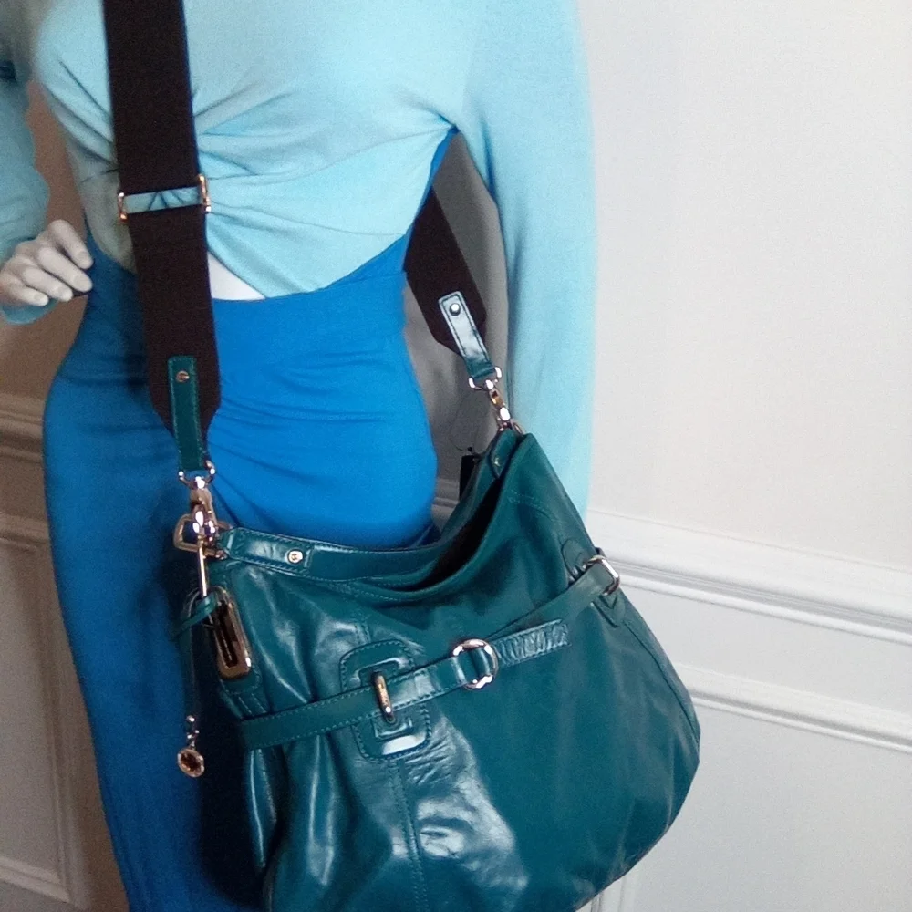 Teal Leather Shoulder Bag with removable Crossbody Strap.